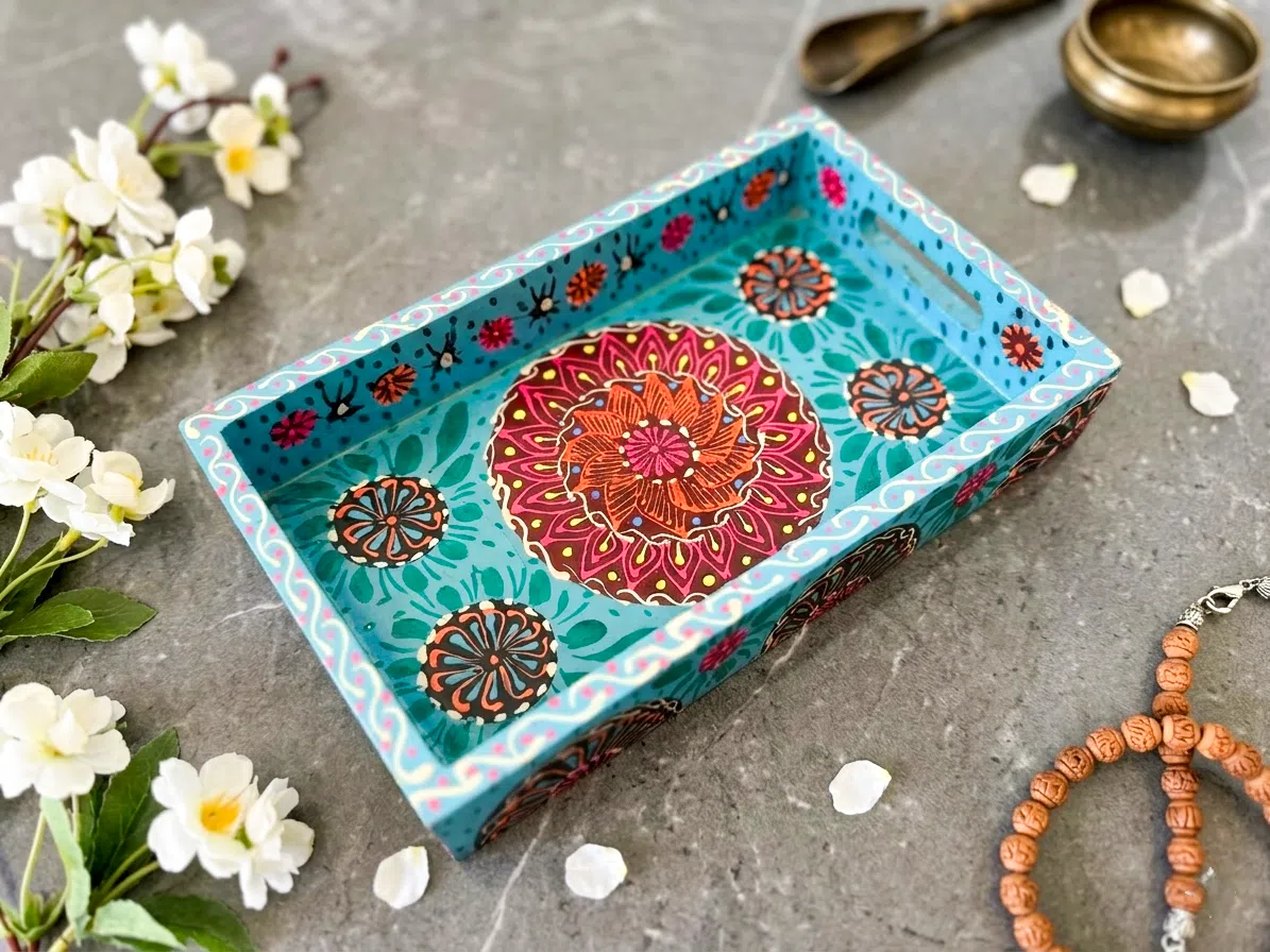 Hand‑Painted Boondi Truck Art Tray - Small, Blue