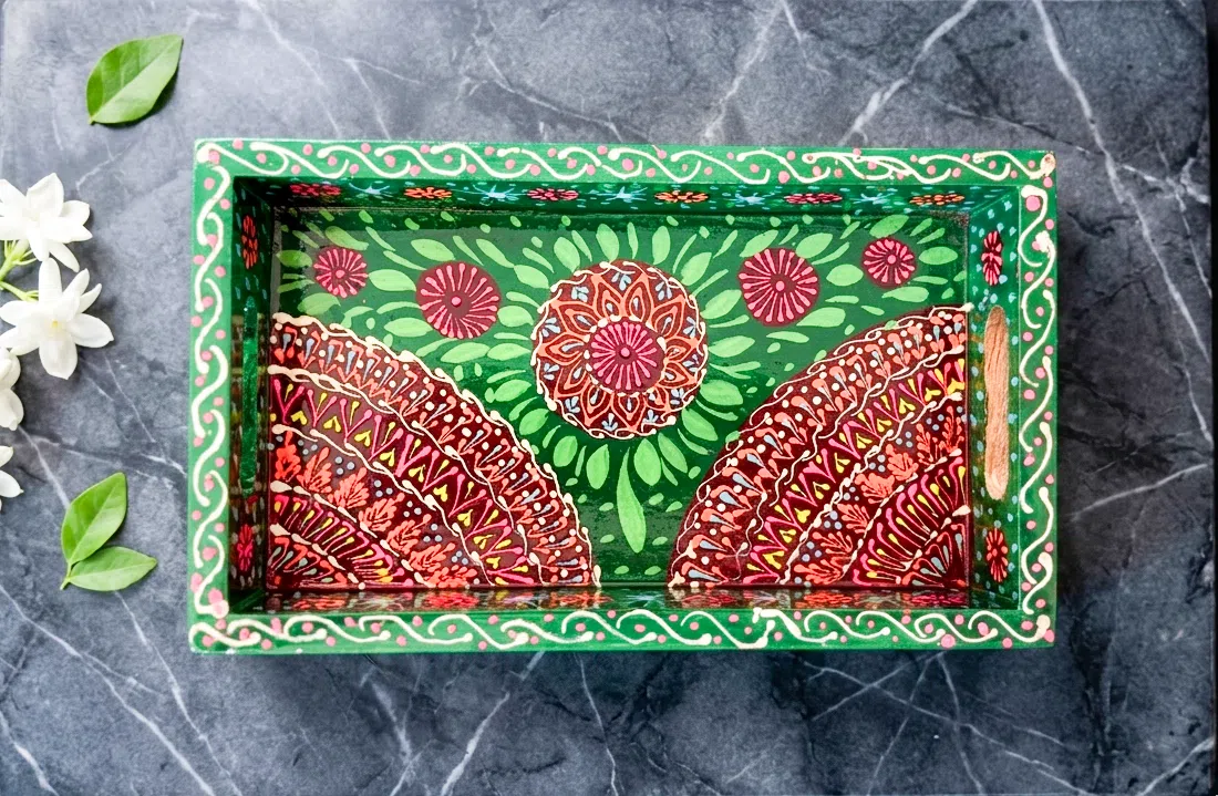 Hand Painted Boondi Truck Art Tray - Small, Green