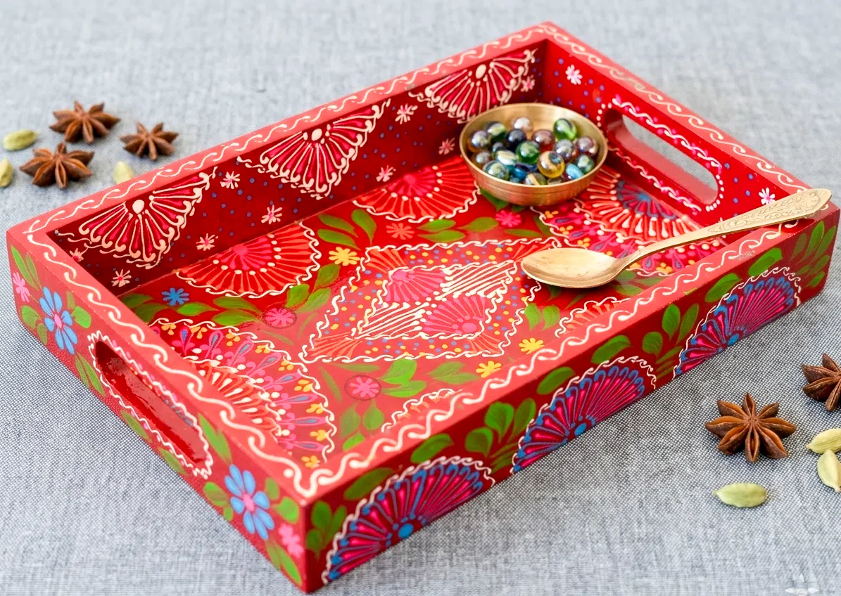 Hand Painted Boondi Truck Art Tray - Small, Red